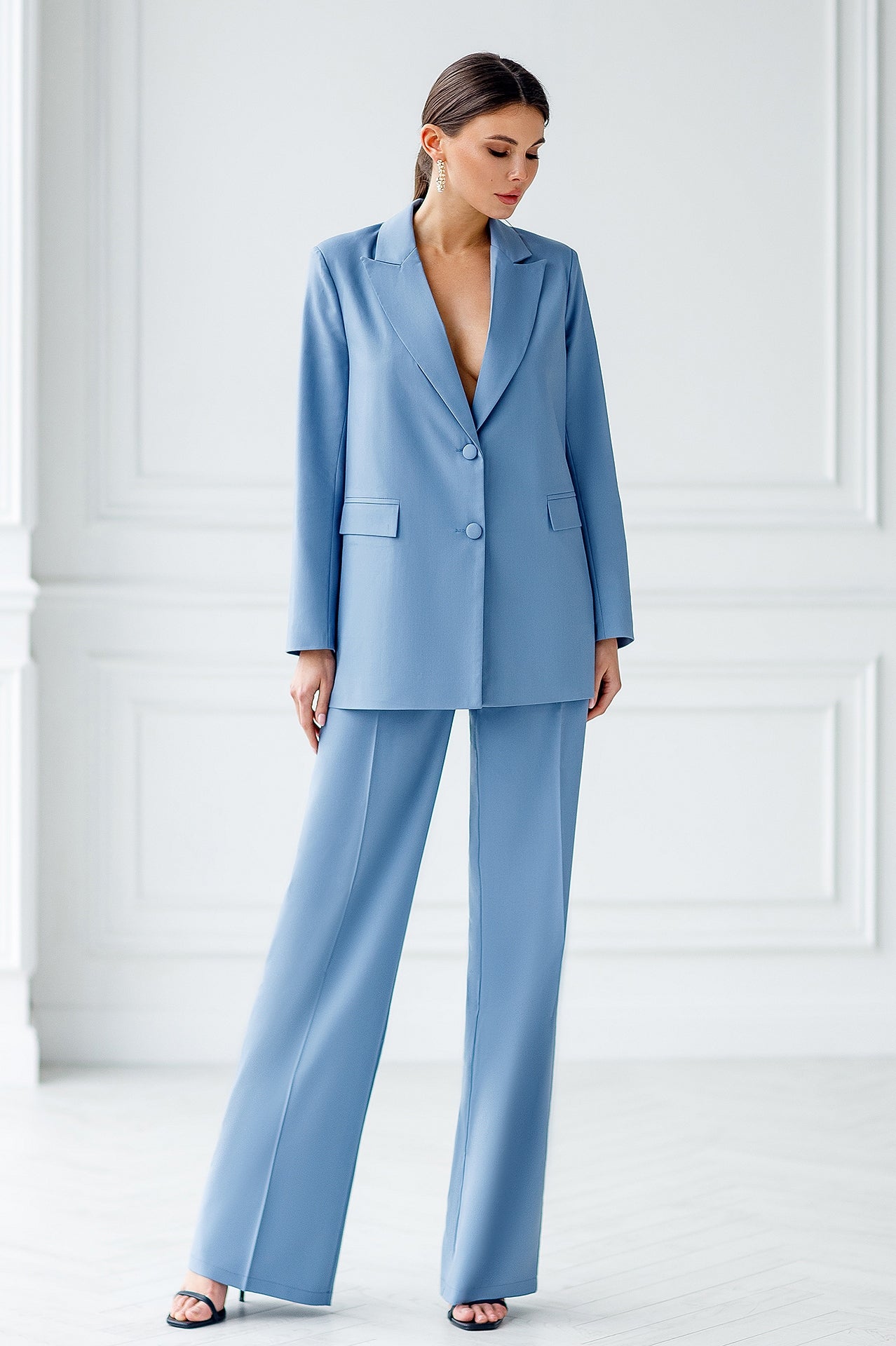 Beatrice Grey-Blue Single-Breasted Oversized Two-Piece Suit