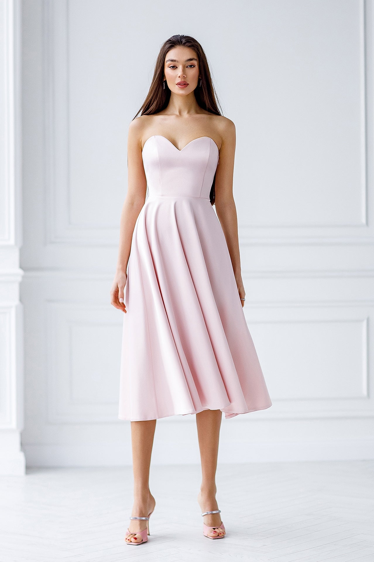 Beatrice Dusty Pink Satin Corseted Strapless Midi Dress