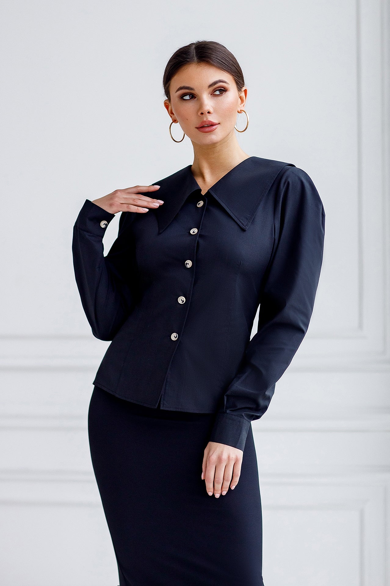 Camilla Black Puff-Sleeve Collared Cotton Blouse