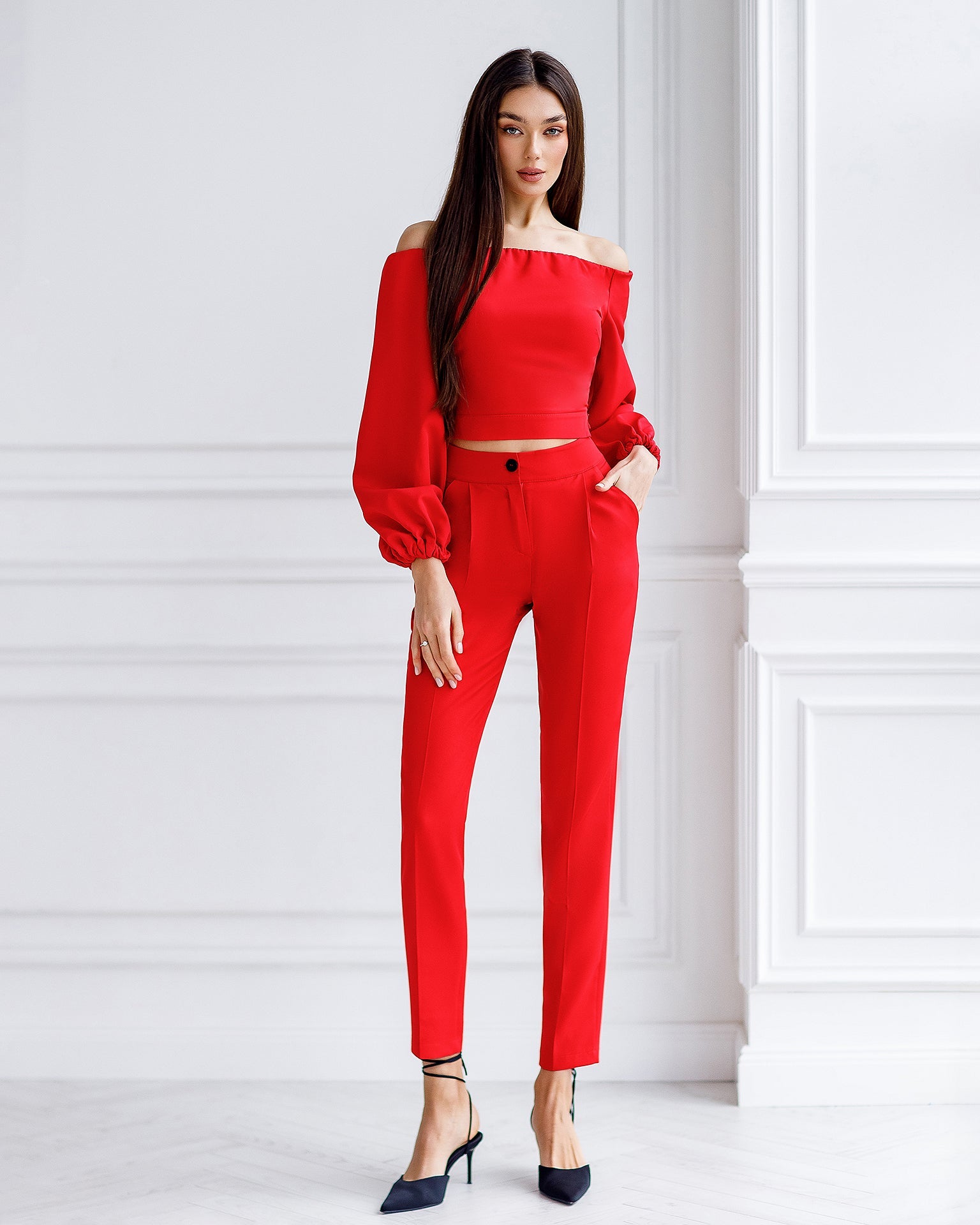 Adriana Red High-Waist Straight-Leg Crepe Pants