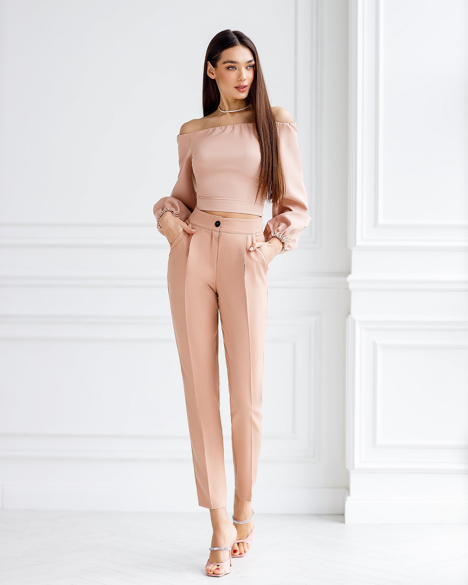 Adriana Beige High-Waist Straight-Leg Crepe Pants
