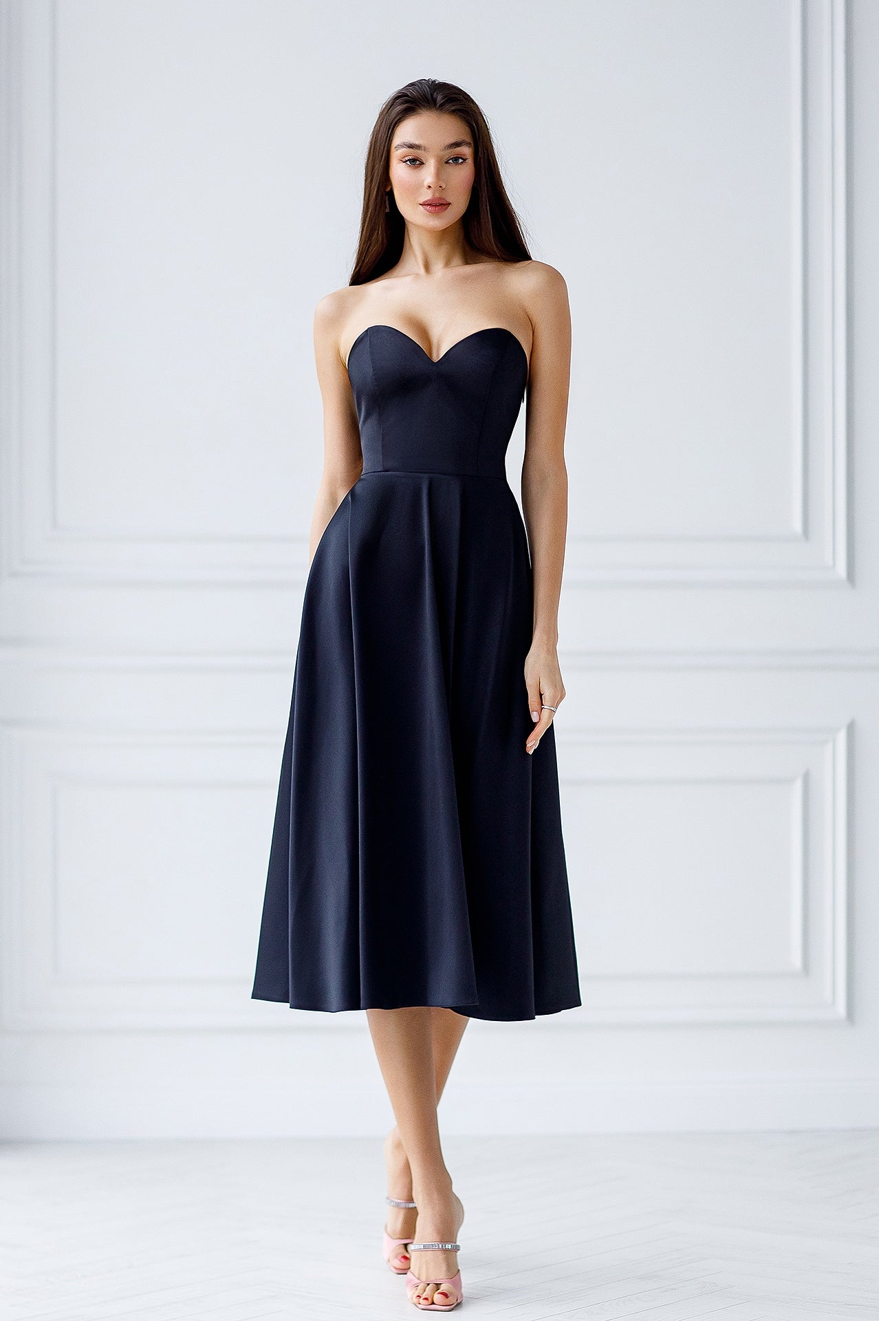 Beatrice Black Satin Corseted Strapless Midi Dress