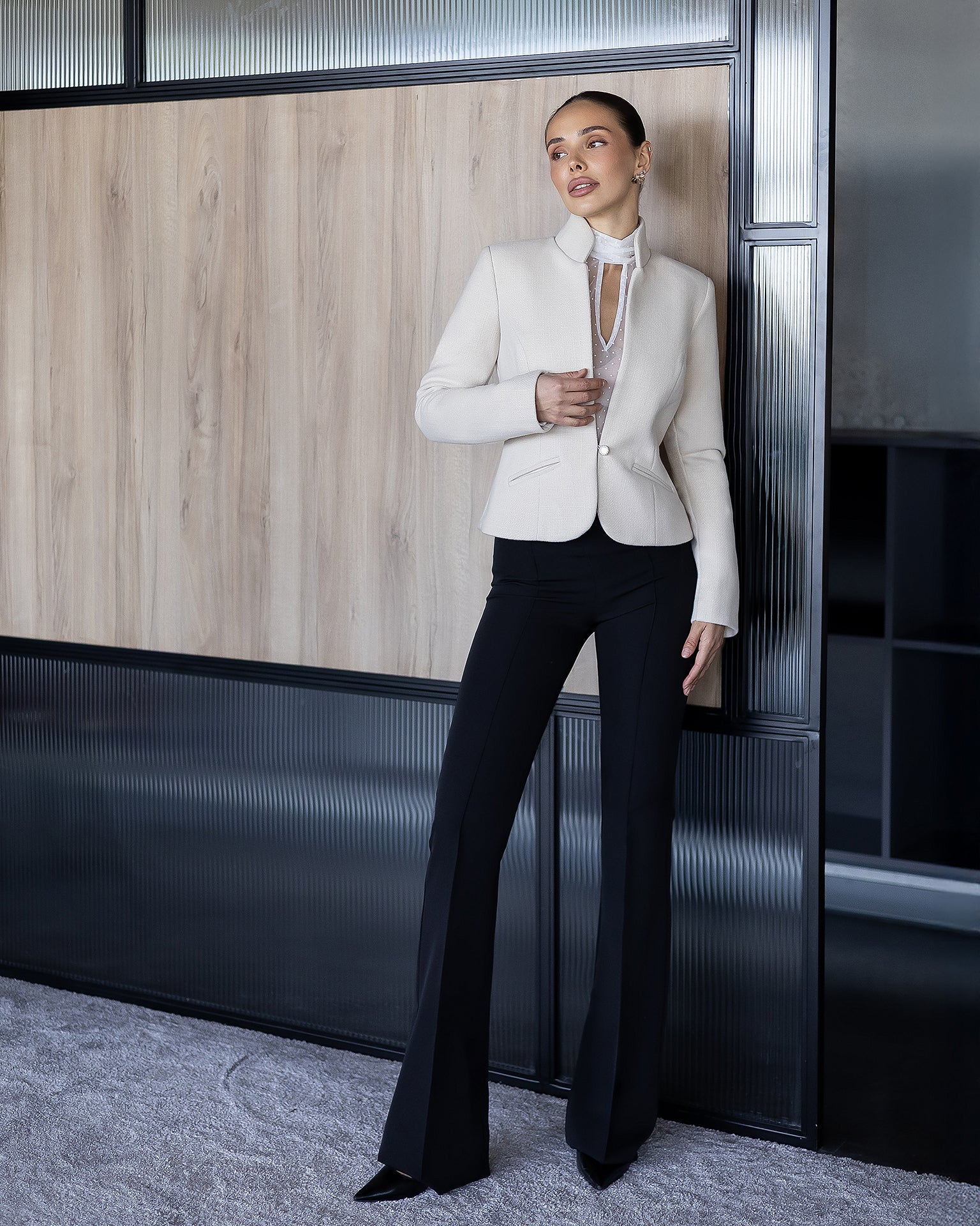 Adriana Beige Tweed Collarless Single-Breasted Blazer