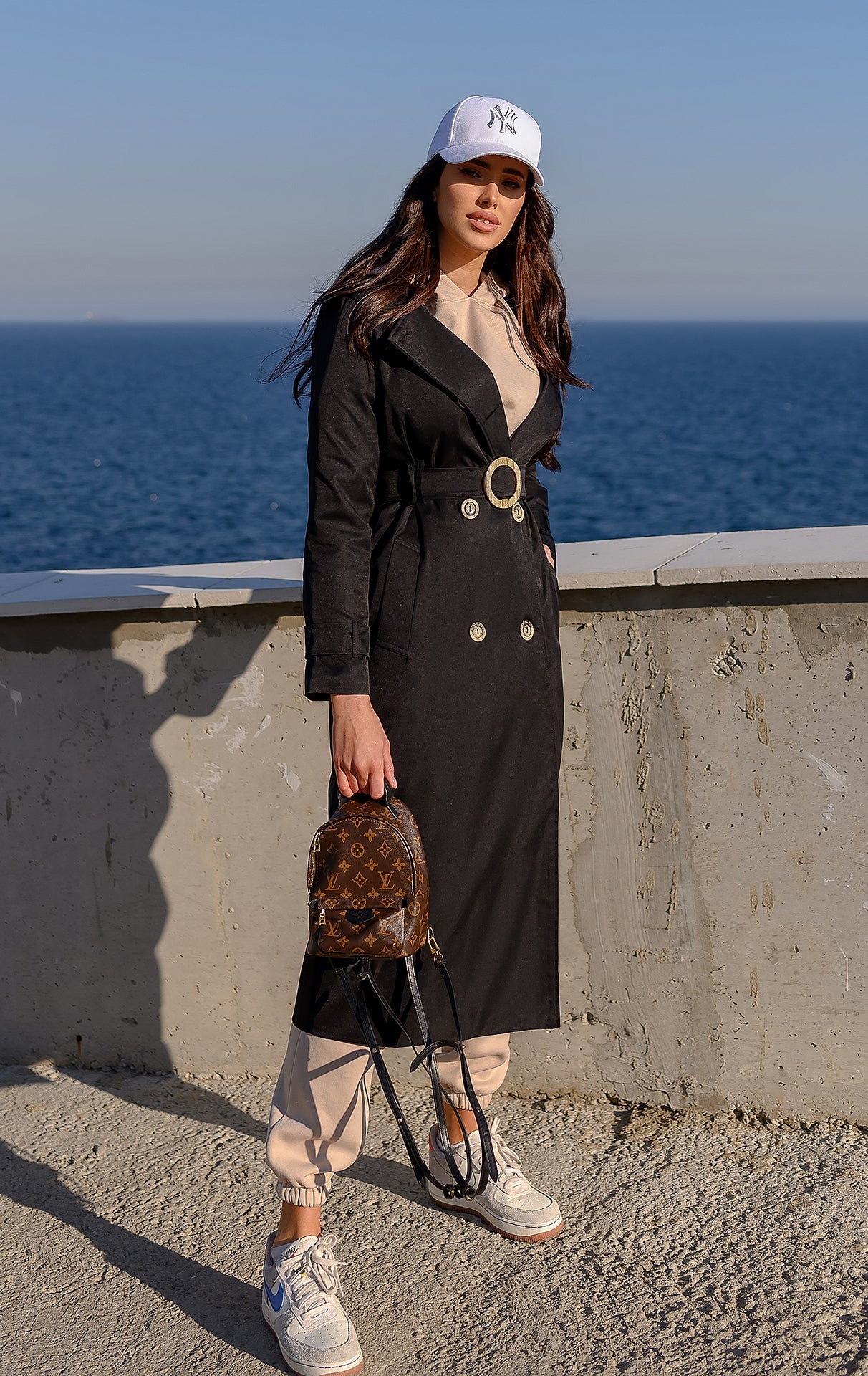 Adriana Black Double-Breasted Belted Trench Coat