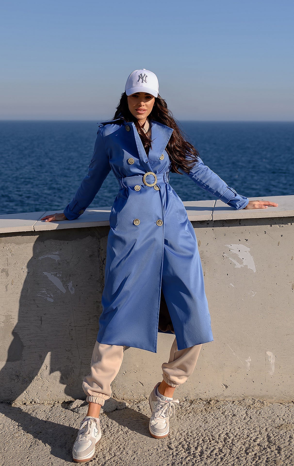 Adriana Blue Double-Breasted Belted Trench Coat