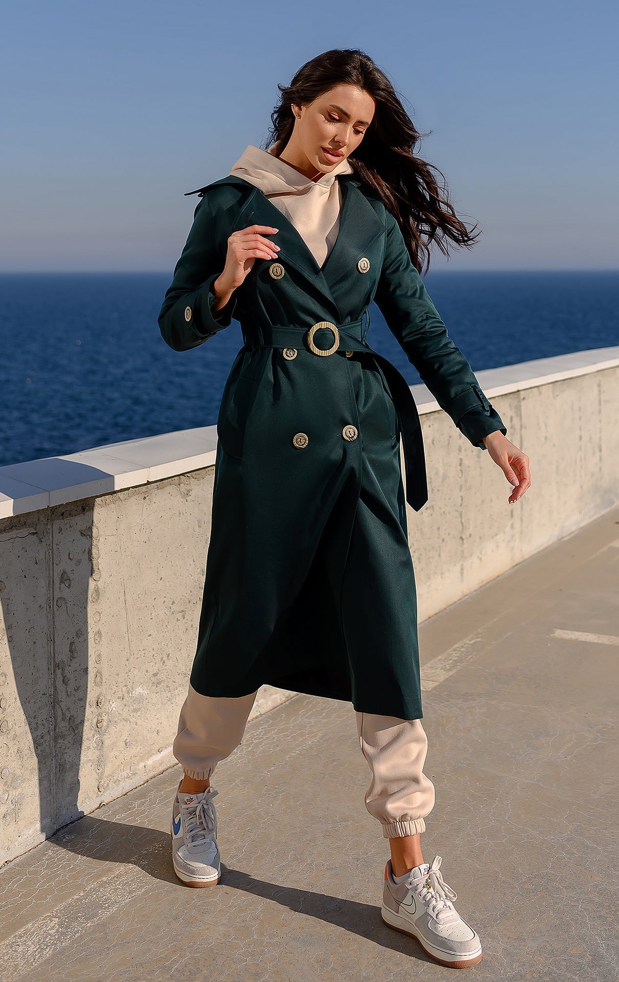 Adriana Dark Green Double-Breasted Belted Cotton Trench Coat