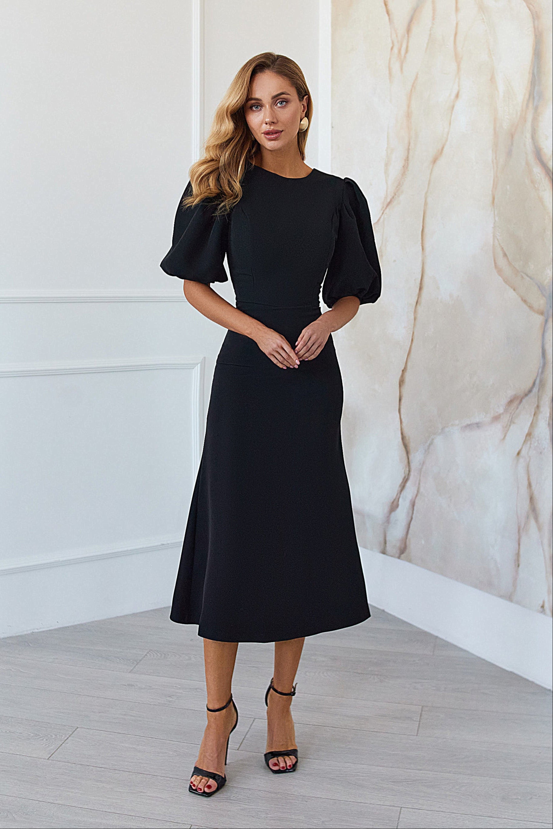 Camilla Black Puff Sleeve Midi Dress