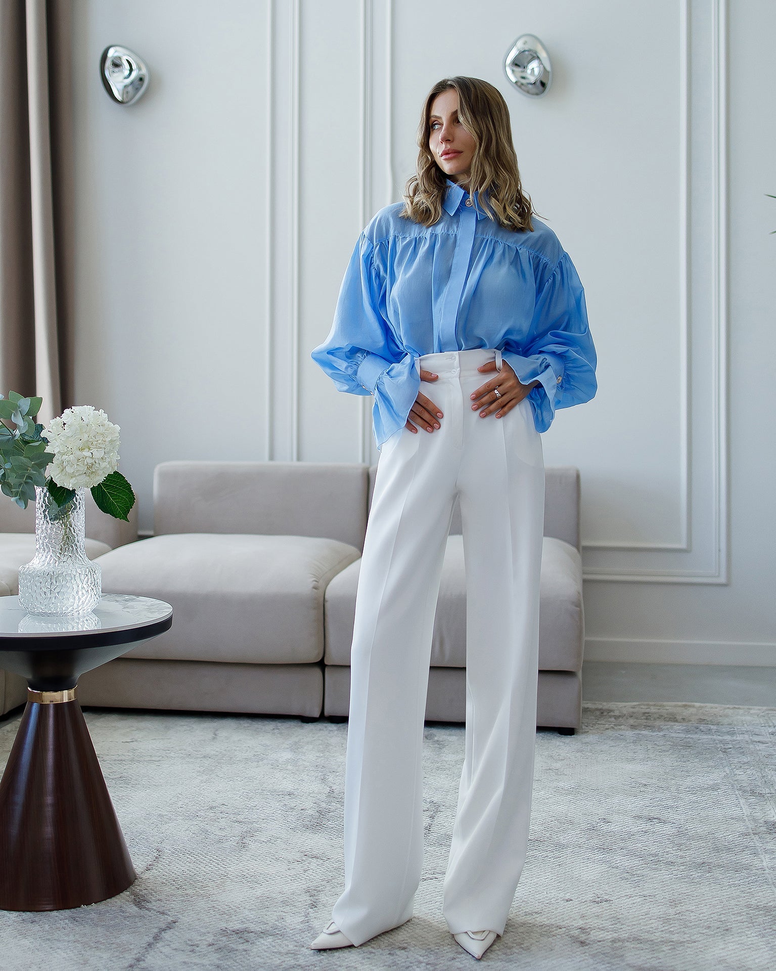 Camilla White High-Waisted Pleated Palazzo Pants