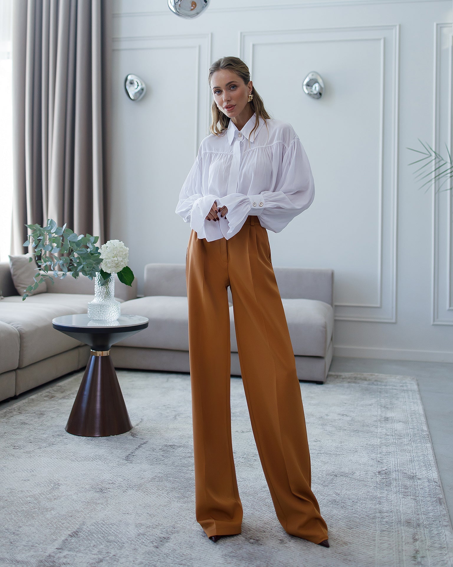 Camilla Camel High-Waisted Pleated Palazzo Pants