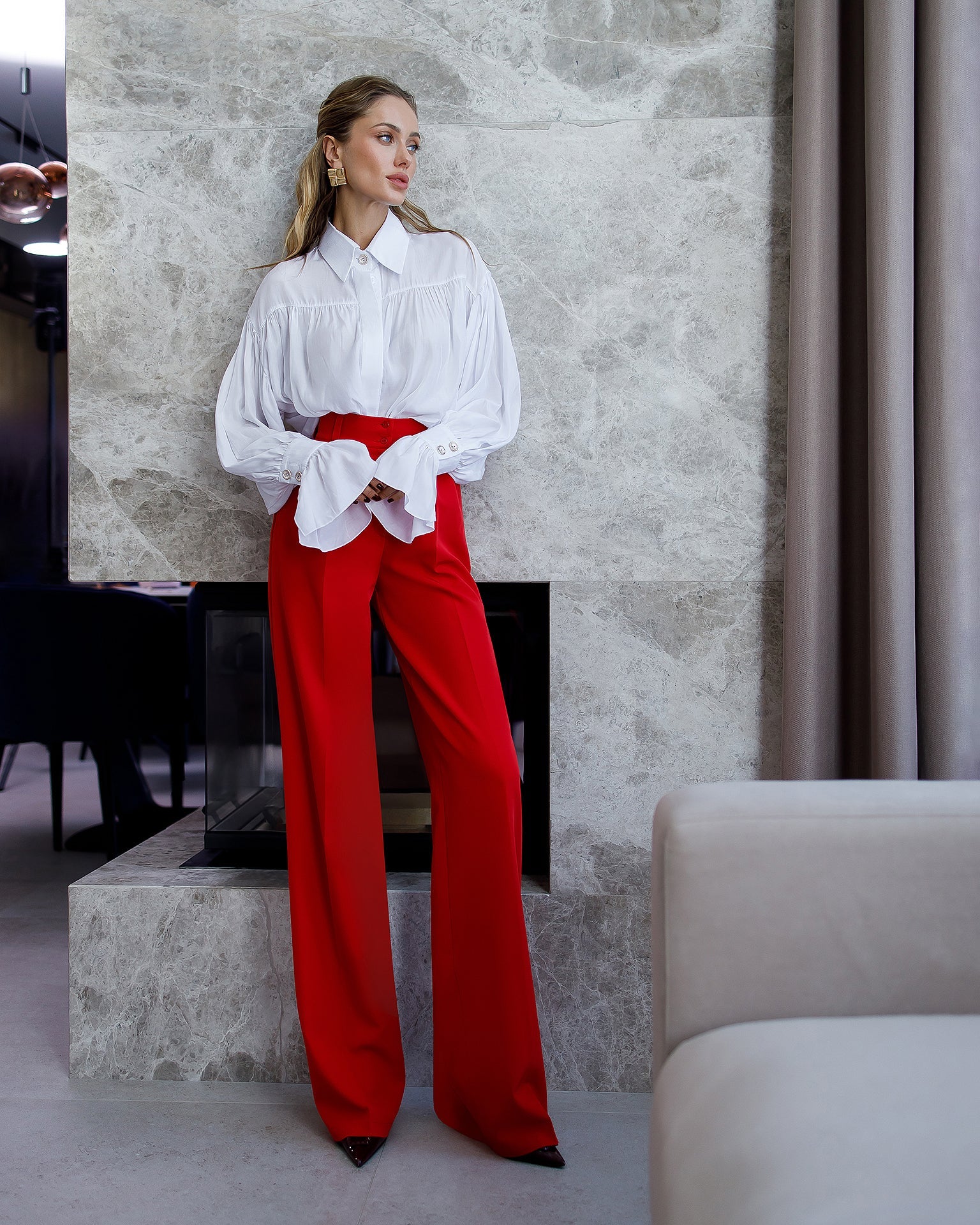 Camilla Red High-Waisted Pleated Palazzo Pants
