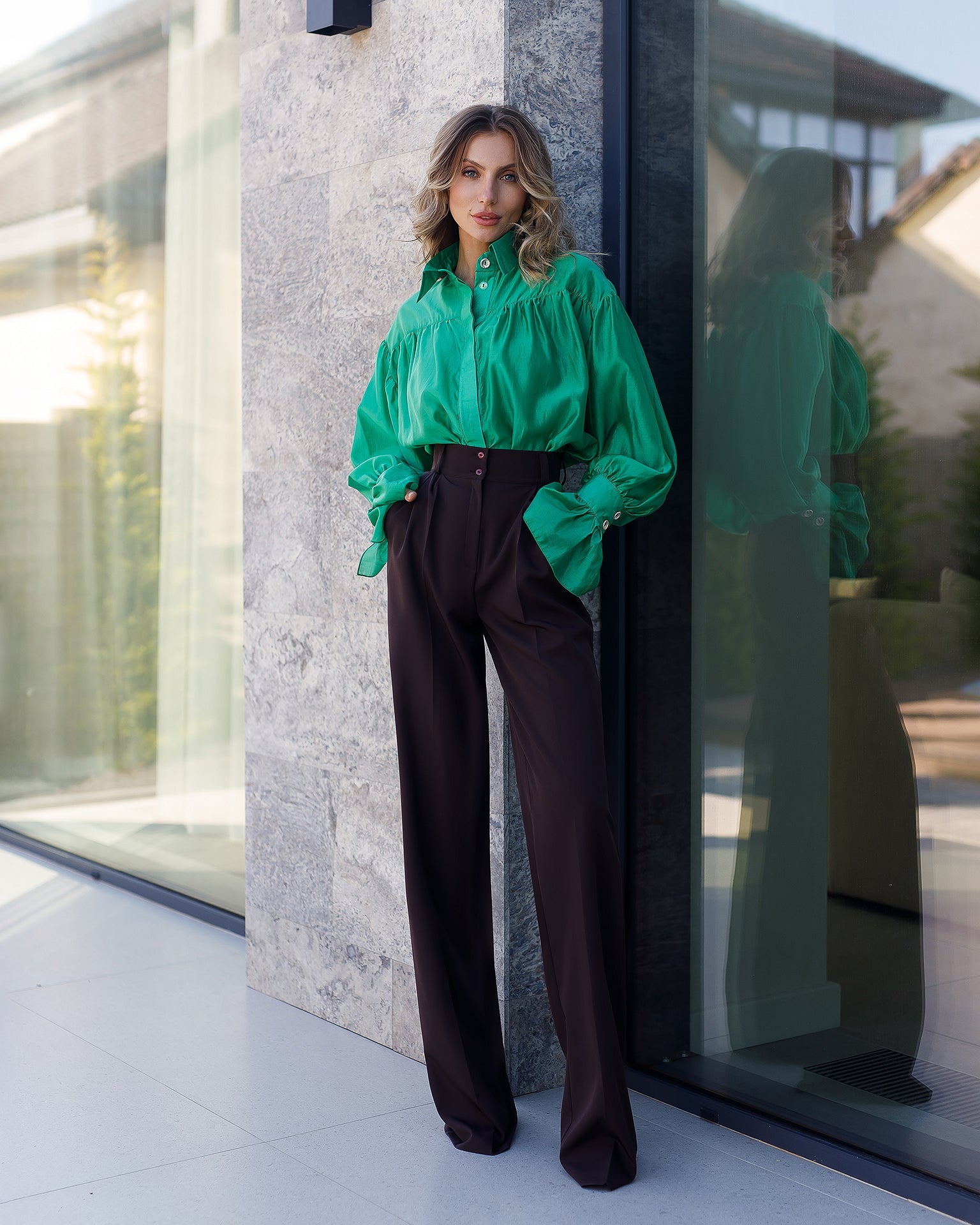 Camilla Brown High-Waisted Pleated Palazzo Pants