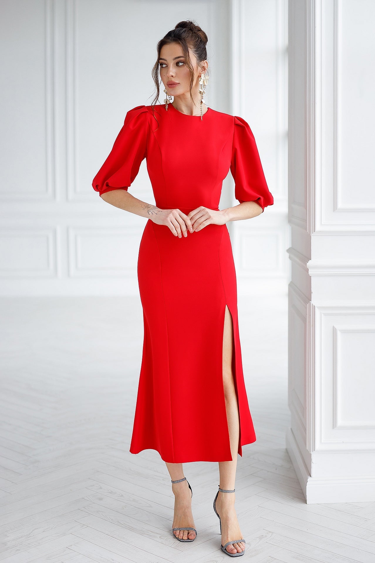 Fiamma Red Puff-Sleeve Crepe Midi Dress