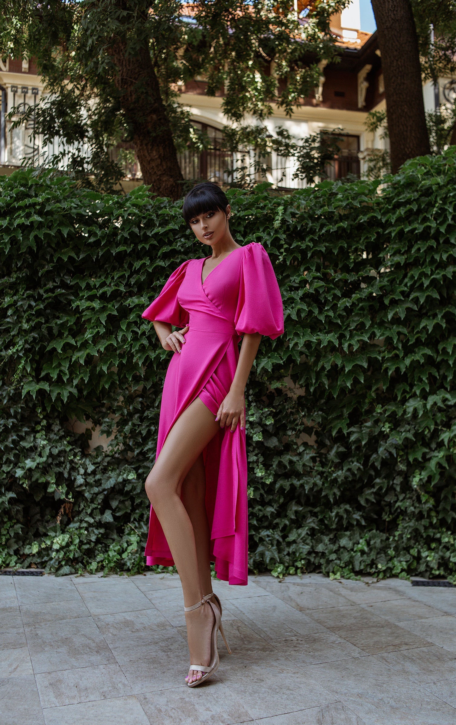 Eleonora Crimson Linen Puff-Sleeve Wrap Midi Dress
