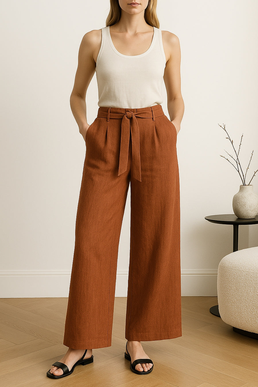 Adriana Brown Linen Belted High-Rise Palazzo Pants