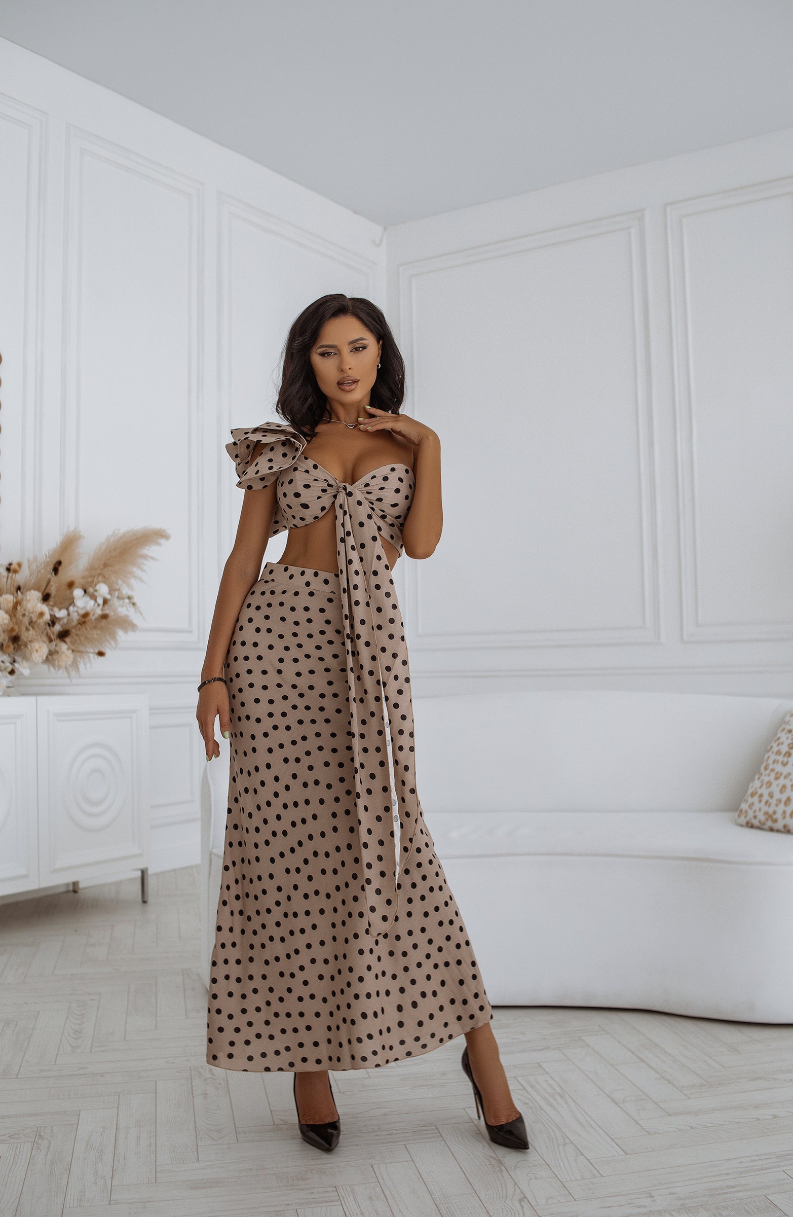 Dusty Pink Polka-Dot Bow Top & Midi Skirt 2-Piece Set 