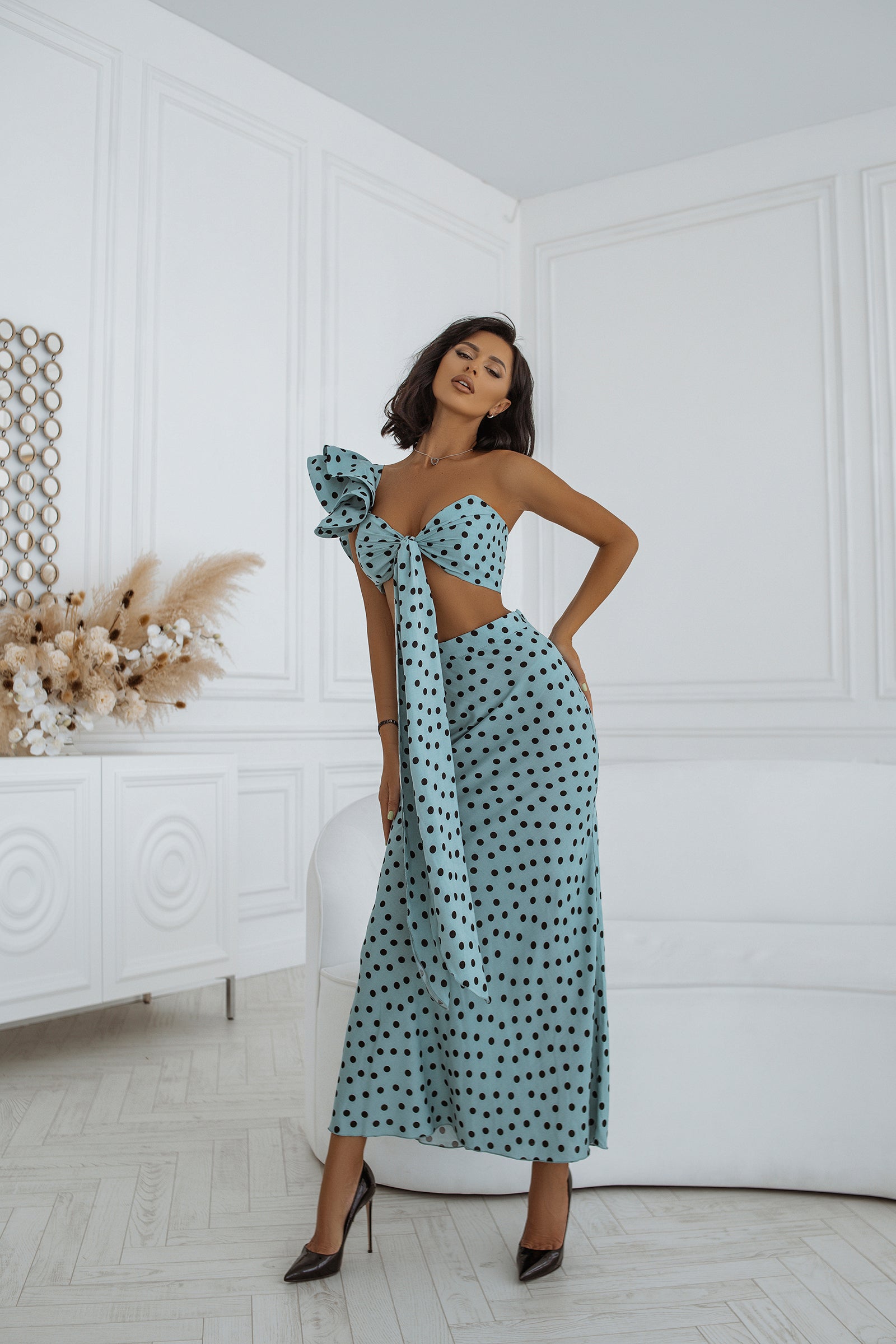 Mint Polka-Dot Bow Top & Midi Skirt 2-Piece Set - Adorable Set