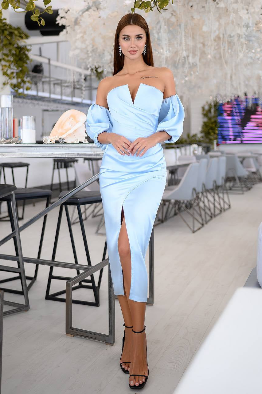 Beatrice Sky-Blue Satin Puff-Sleeve V-Neck Midi Dress