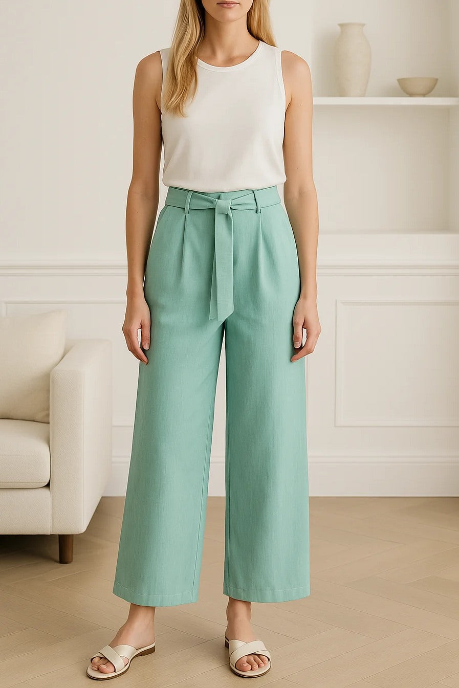 Chiara Tiffany-Blue Linen Belted Palazzo Pants