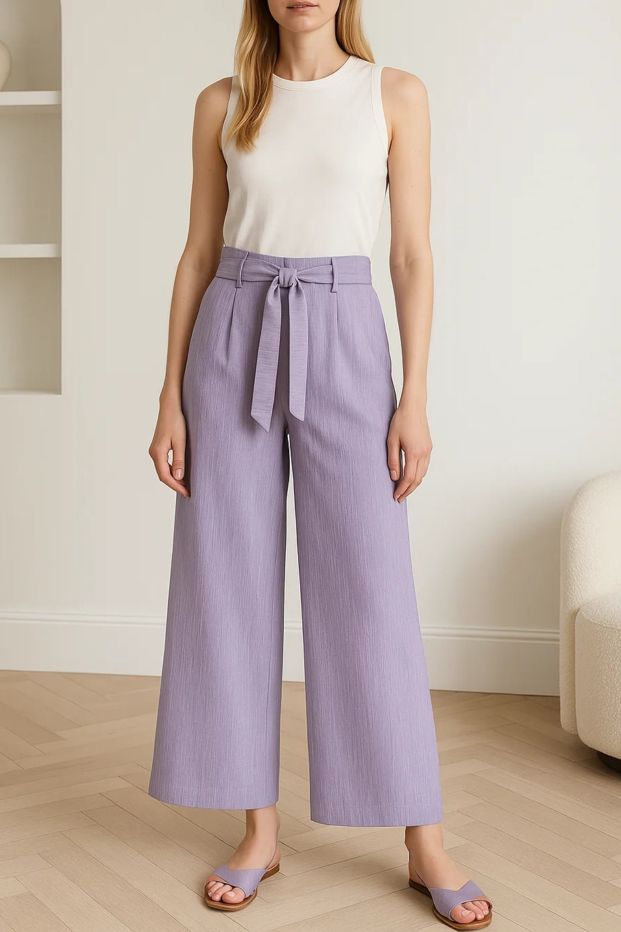 Francesca Purple Linen Belted Palazzo Pants