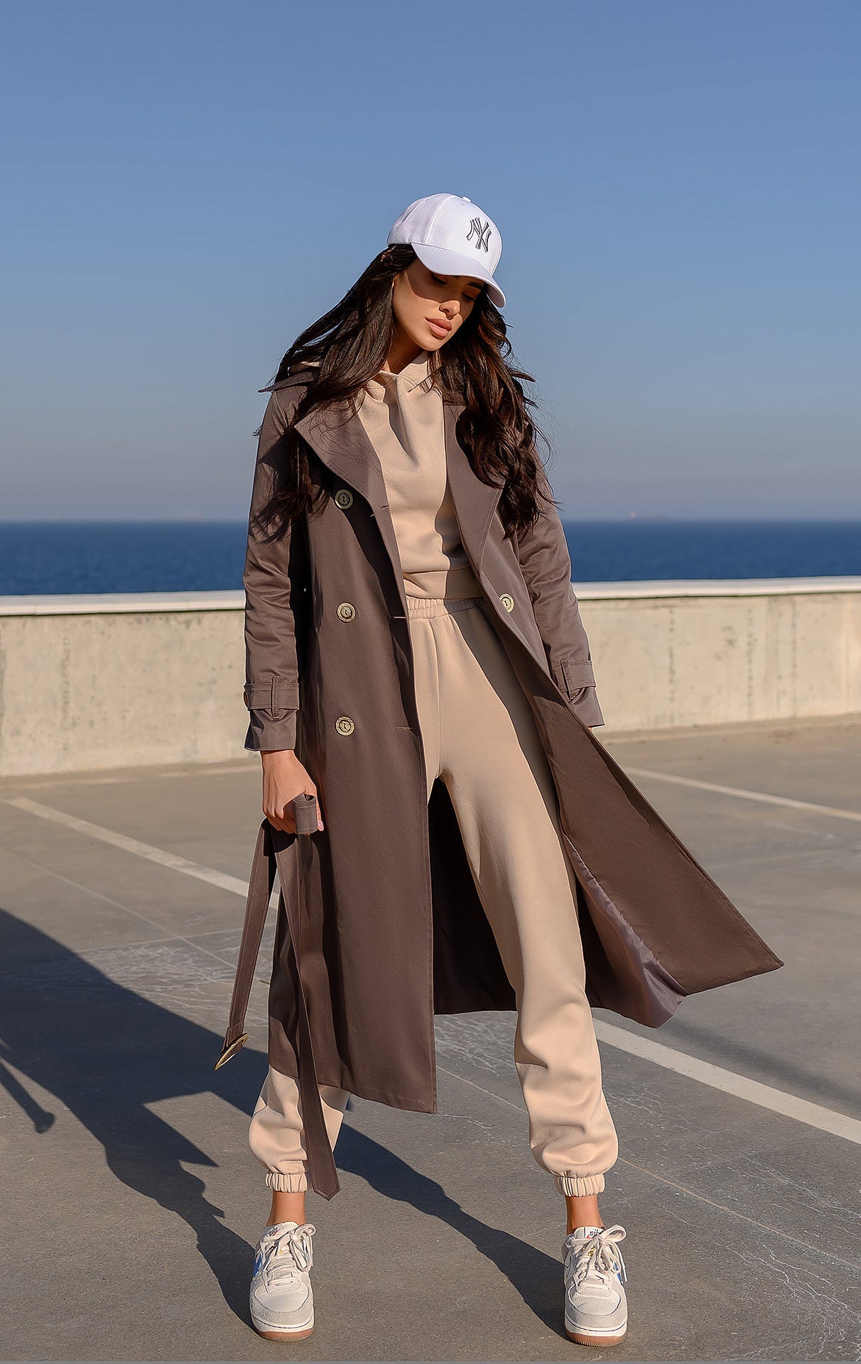 Adriana Brown Double-Breasted Belted Cotton Trench Coat
