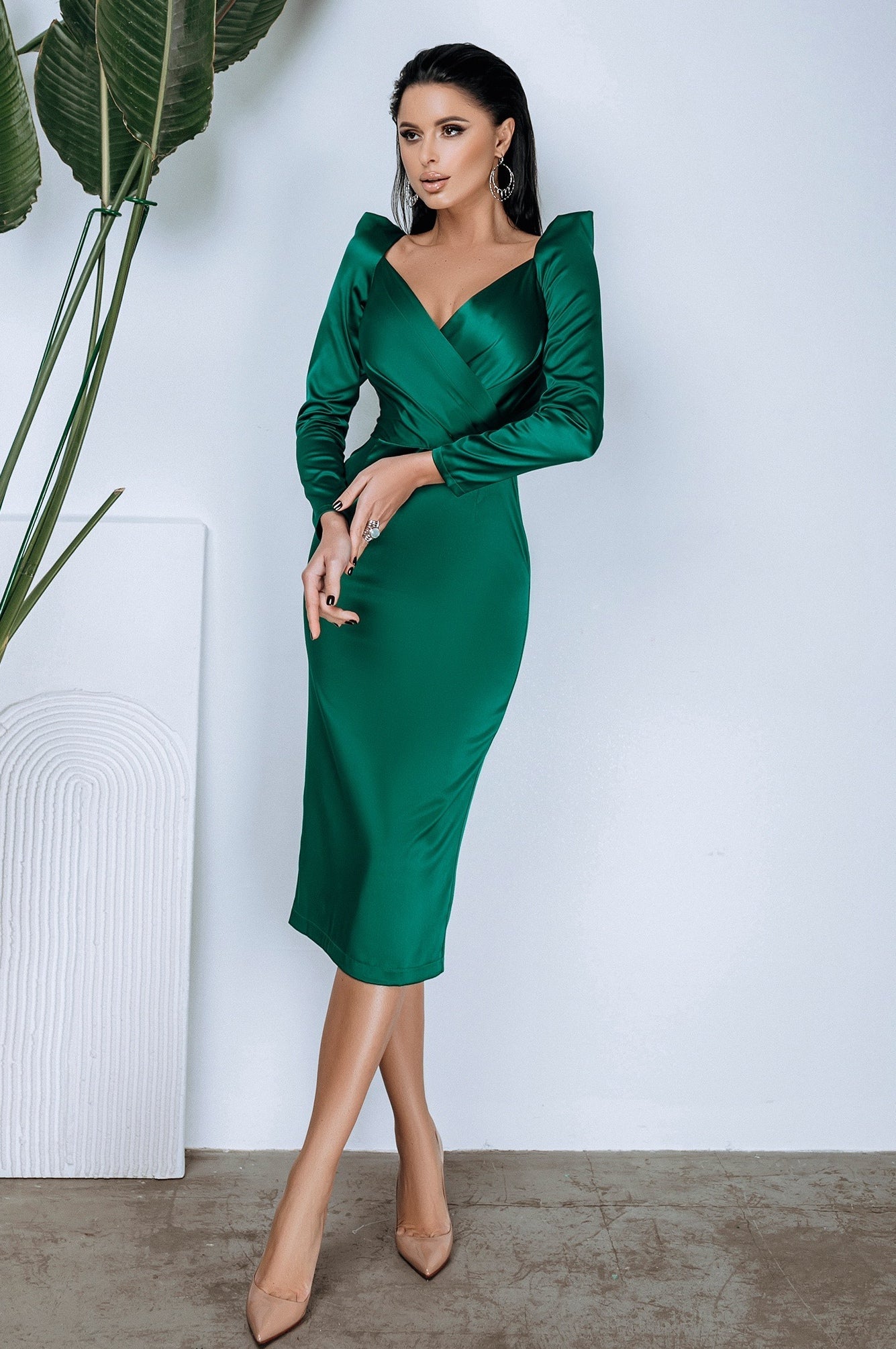 Adriana Emerald Long Sleeve V-Neck Midi Dress