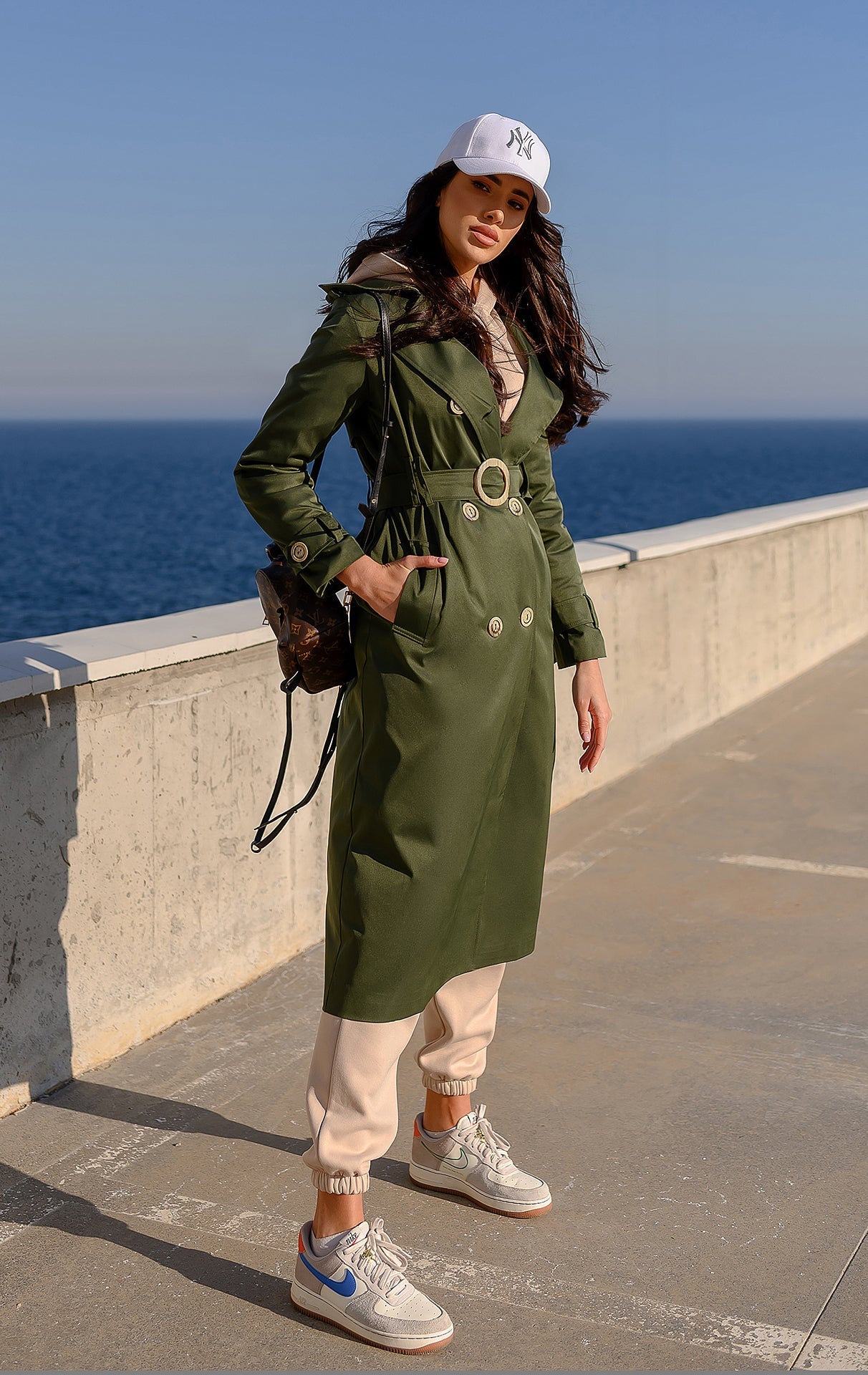 Adriana Khaki Double-Breasted Belted Cotton Trench Coat