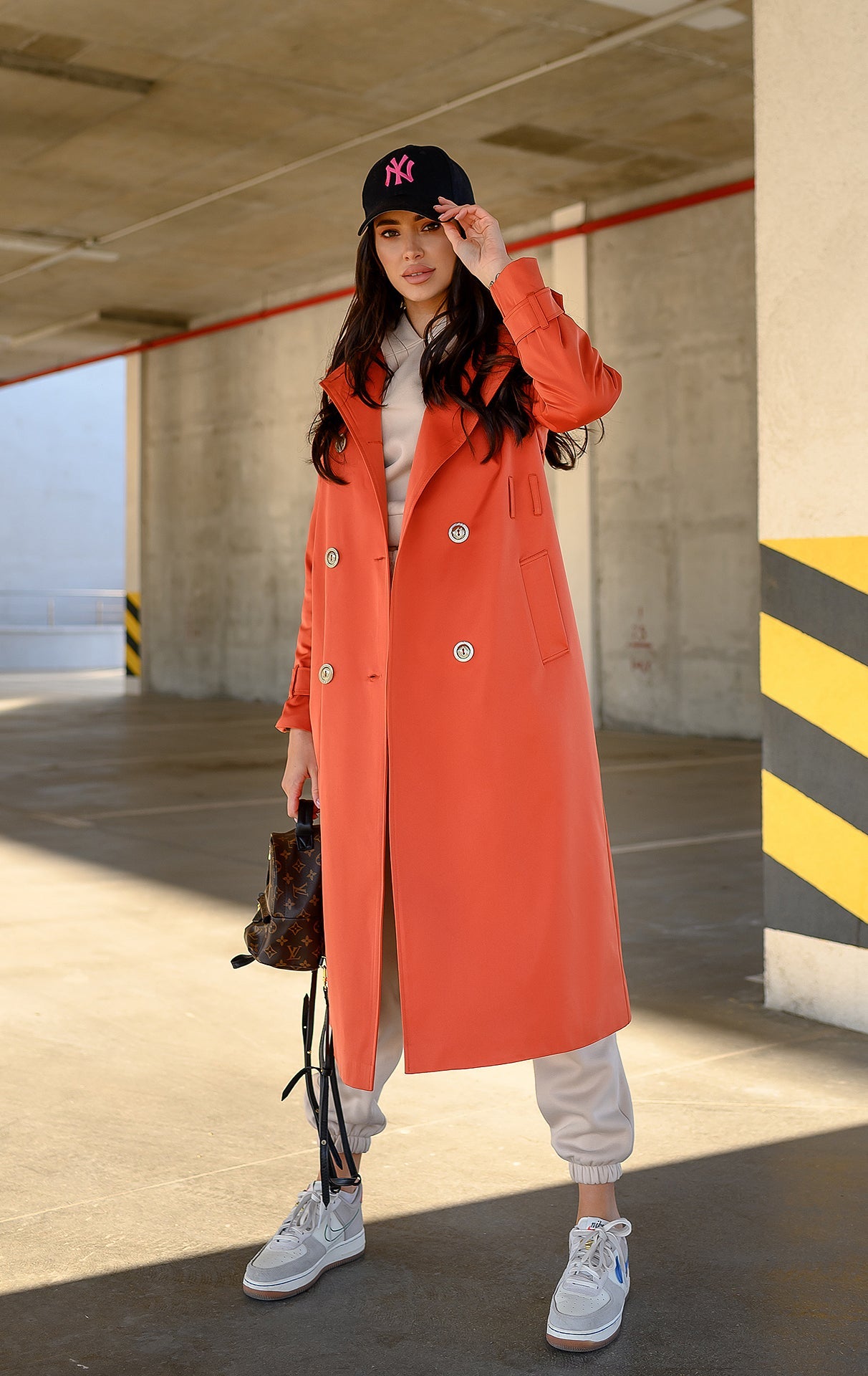 Adriana Orange Double-Breasted Belted Cotton Trench Coat