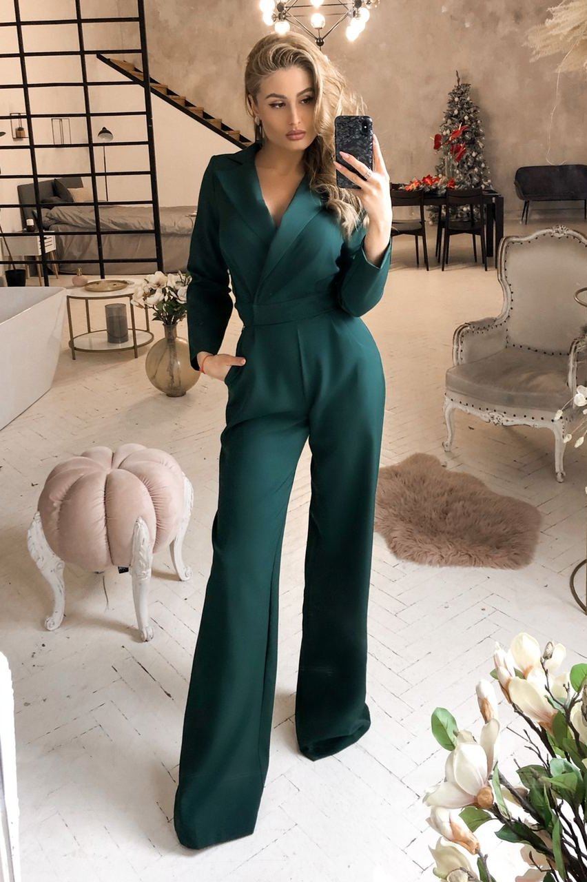Aurora Emerald Bridal Jumpsuit with Notched Lapels Long Sleeves