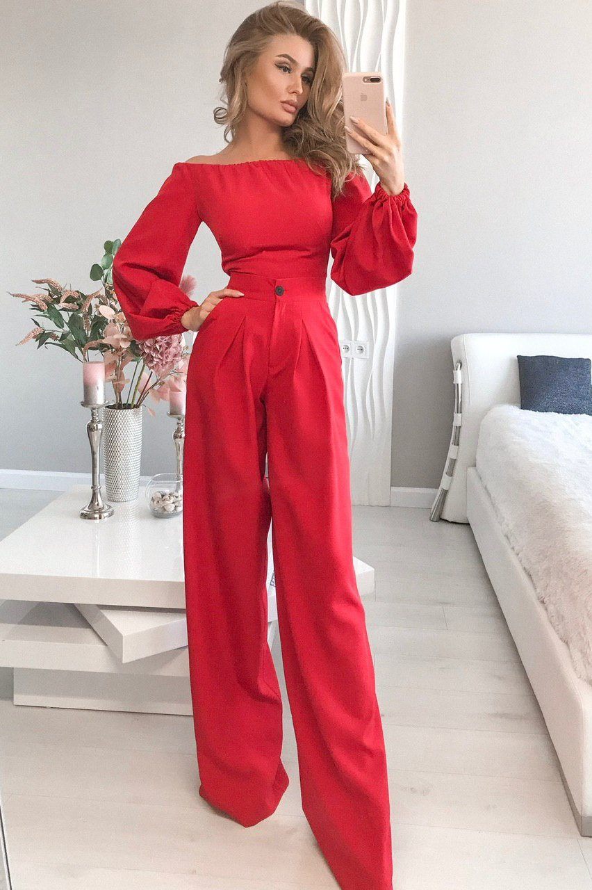 Camilla Red Off-the-Shoulder Crop Top & High Waist Pants