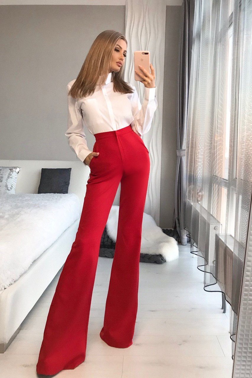 Beatrice Red High-Waist Fitted Flared Pants