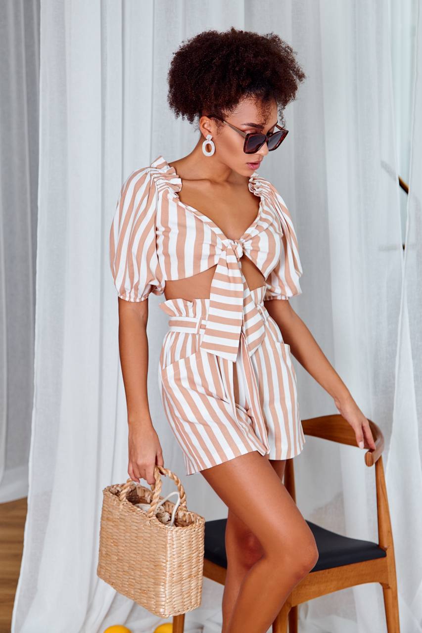 Eleonora Beige Striped Linen Two-Piece Top & Shorts Set