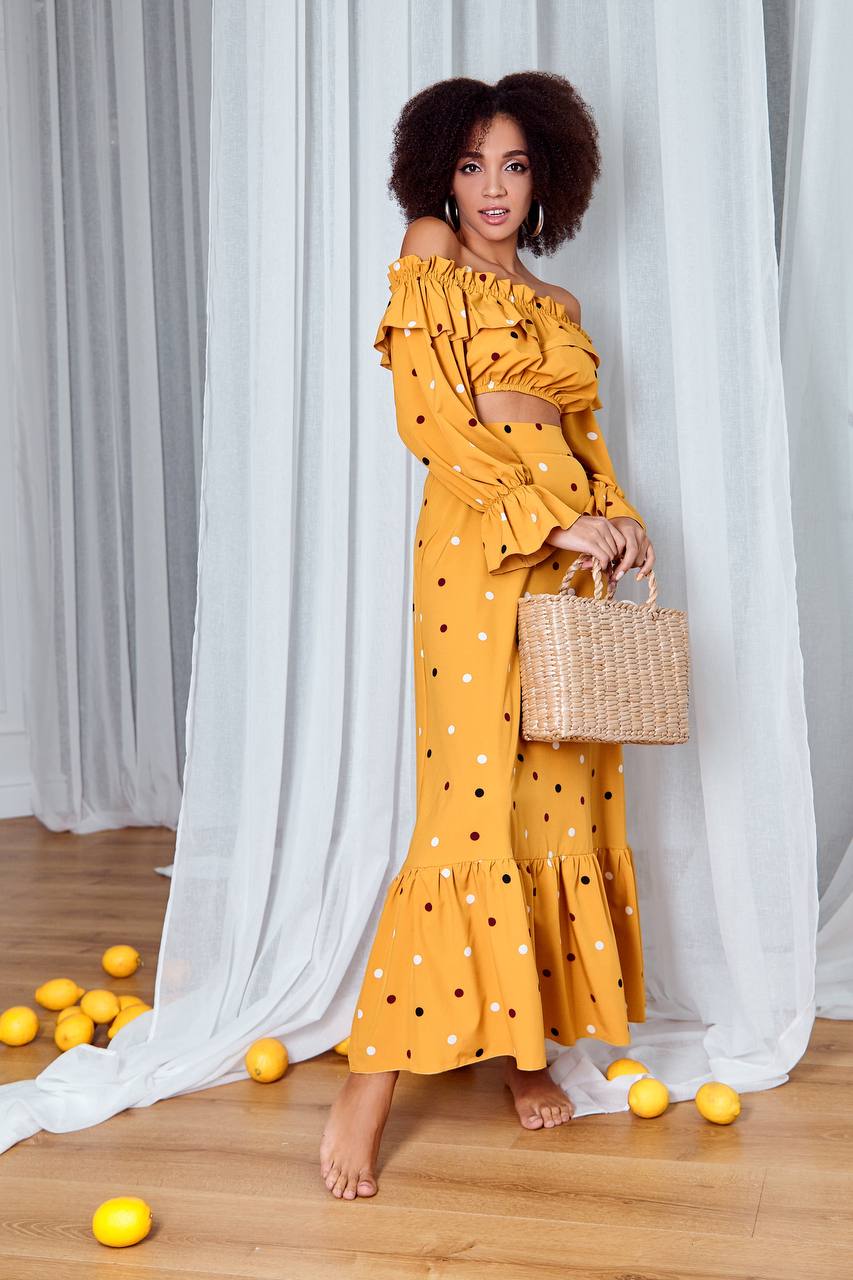 Eleonora Mustard Polka Dot Two-Piece Top & Maxi Skirt Set