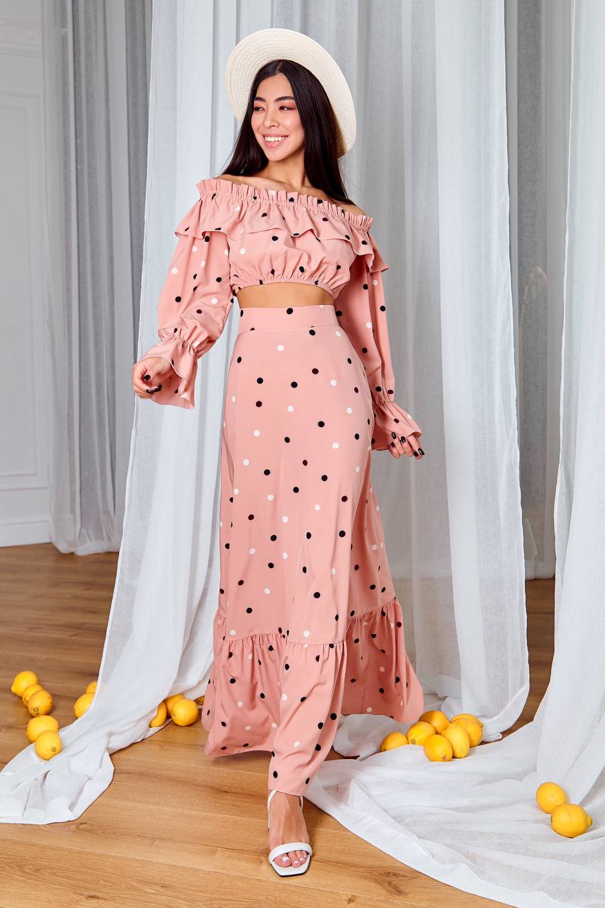 Eleonora Dusty Pink Polka Dot Two-Piece Top & Maxi Skirt Set