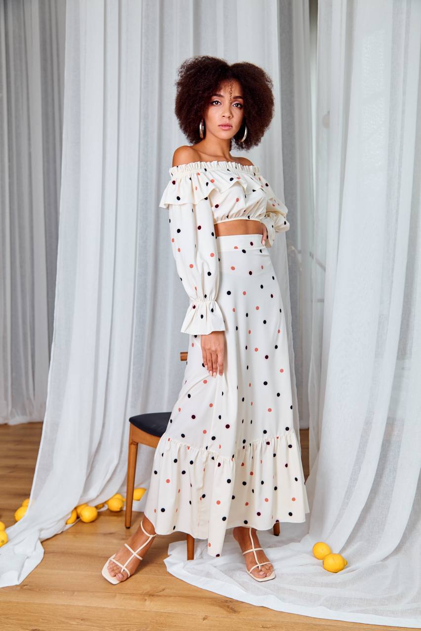 Eleonora White Polka Dot Two-Piece Top & Maxi Skirt Set