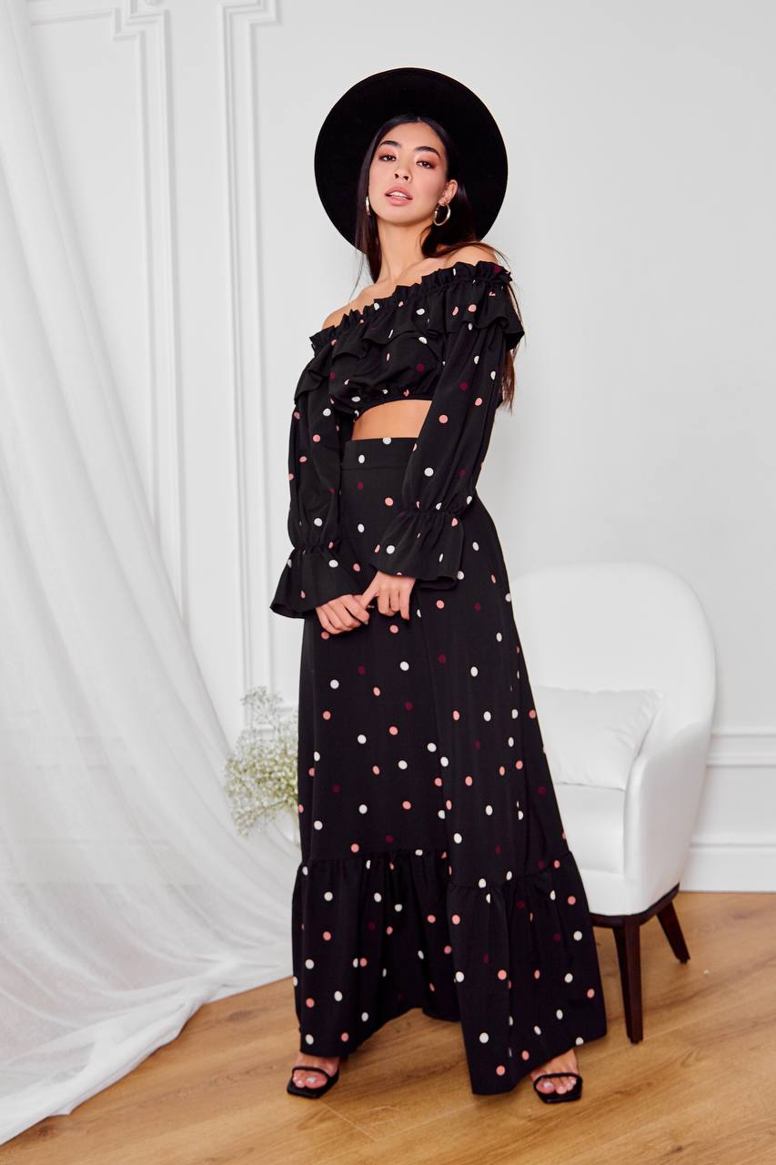 Eleonora Black Polka Dot Two-Piece Top & Maxi Skirt Set