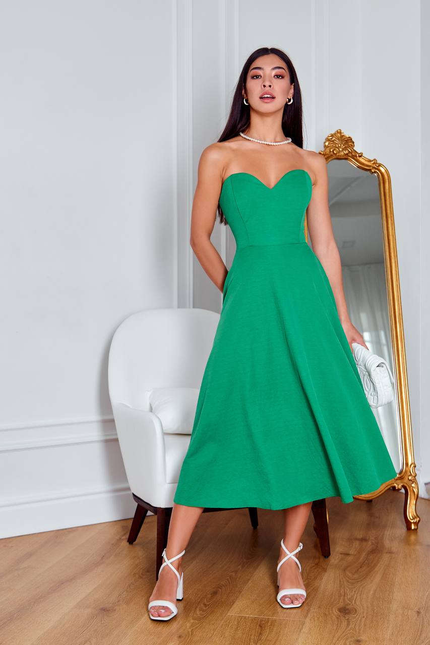 Beatrice Green Sleeveless Corseted Midi Dress