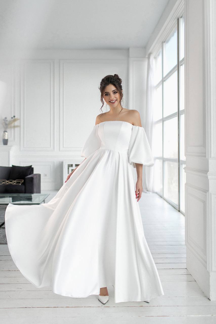 Eleonora White Satin Puff-Sleeve Bridal Maxi Dress