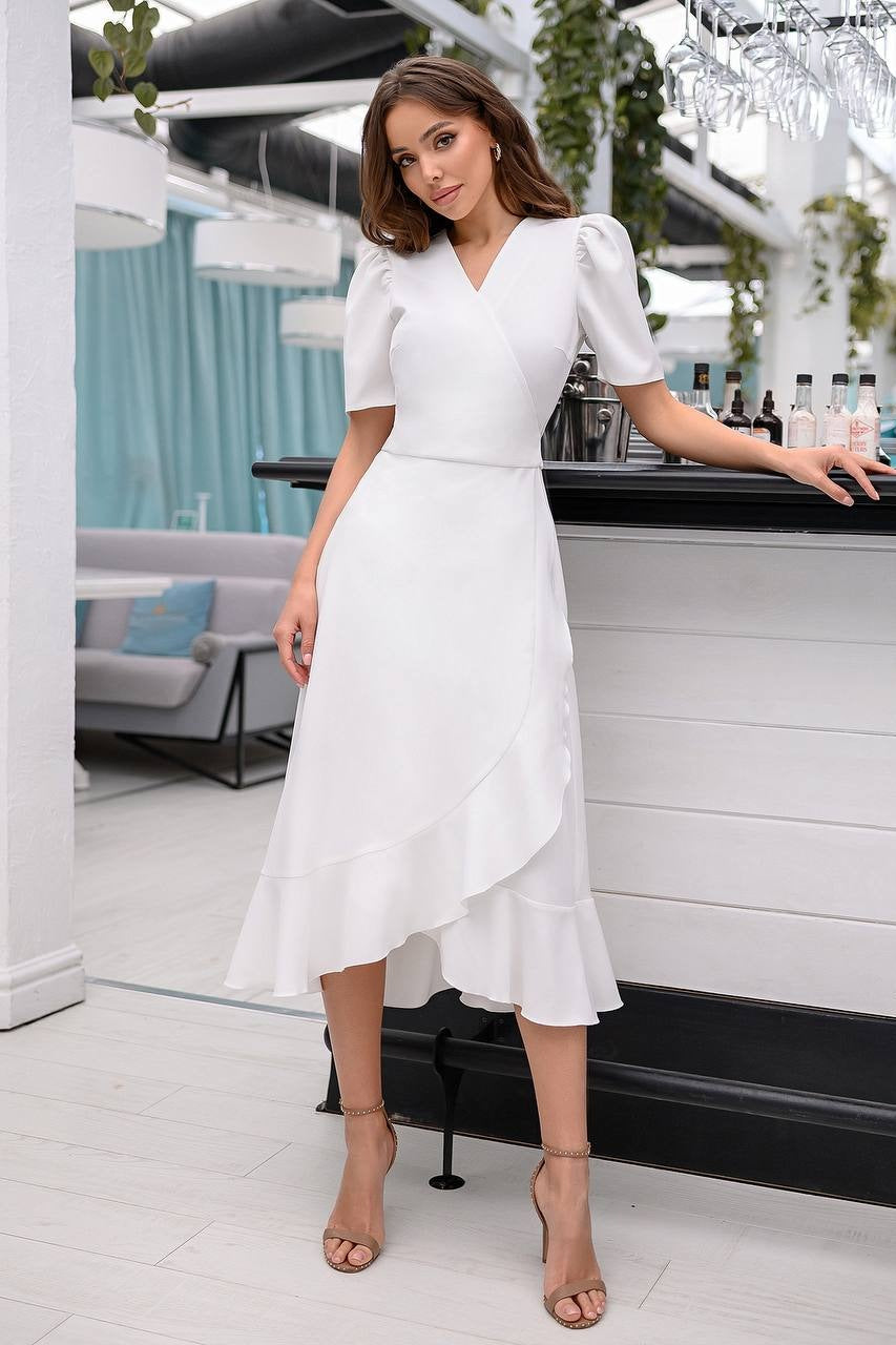 Adriana White Short Sleeve Wrap Midi Dress