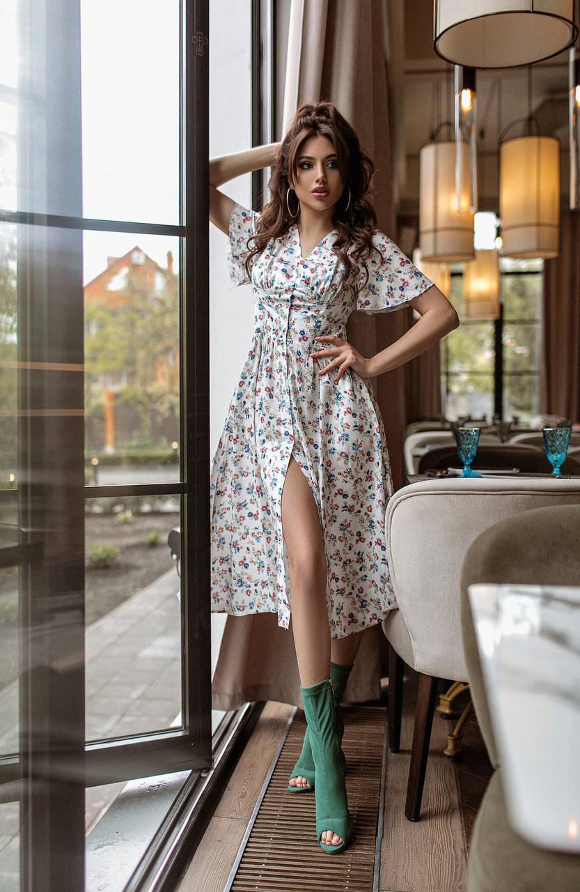 Chiara White Floral-Print V-Neck Midi Dress