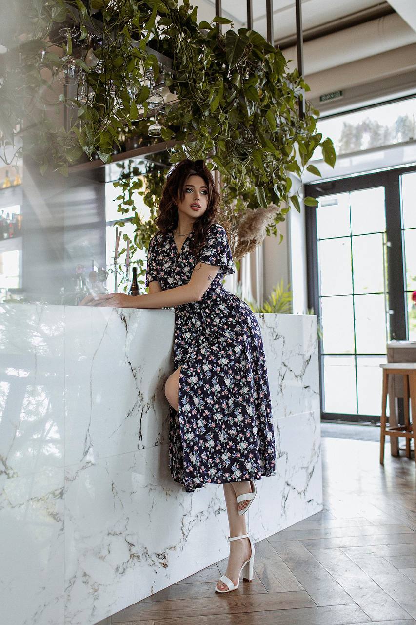 Chiara Navy Floral-Print V-Neck Midi Dress