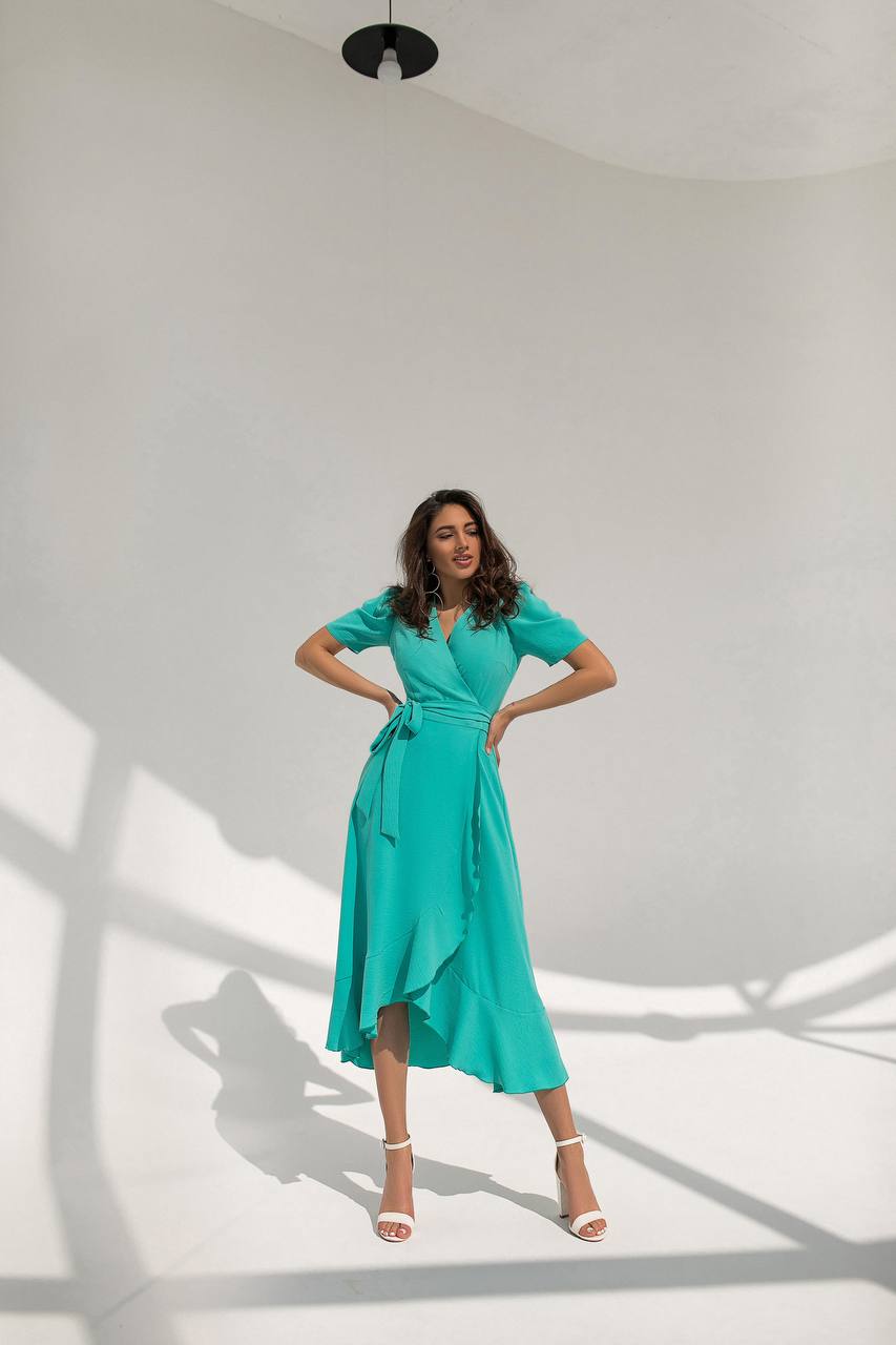 Adriana Green Wrap Short-Sleeve Belted Midi Dress