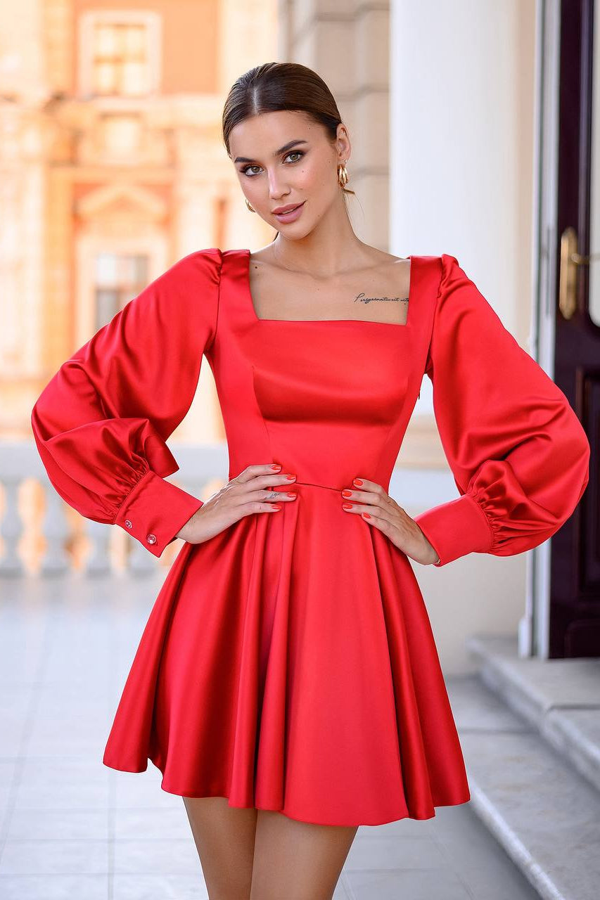Camilla Red Satin Long-Sleeve Mini Dress