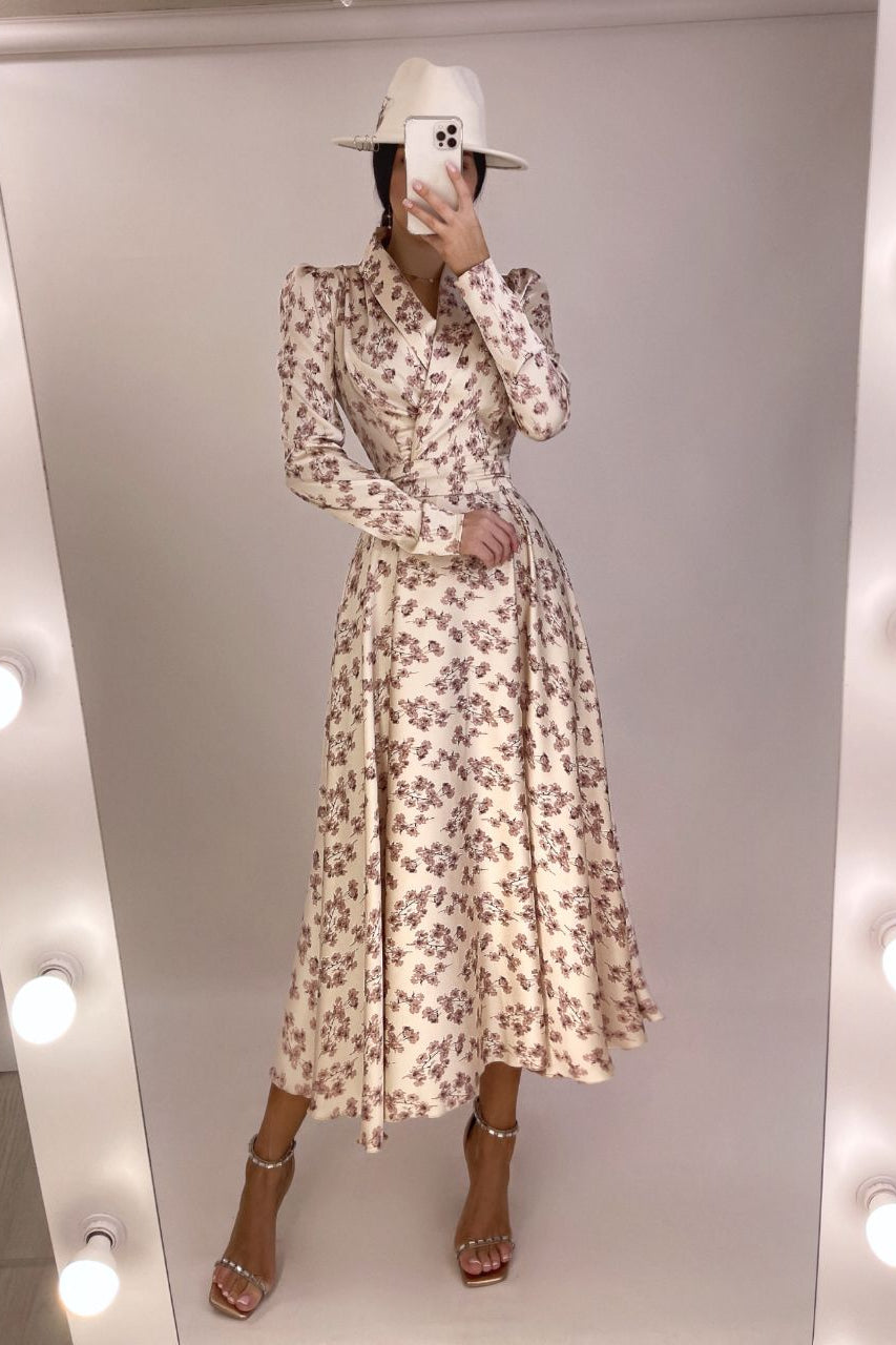 Eleonora Beige Floral-Print Wrap Midi Dress Belted