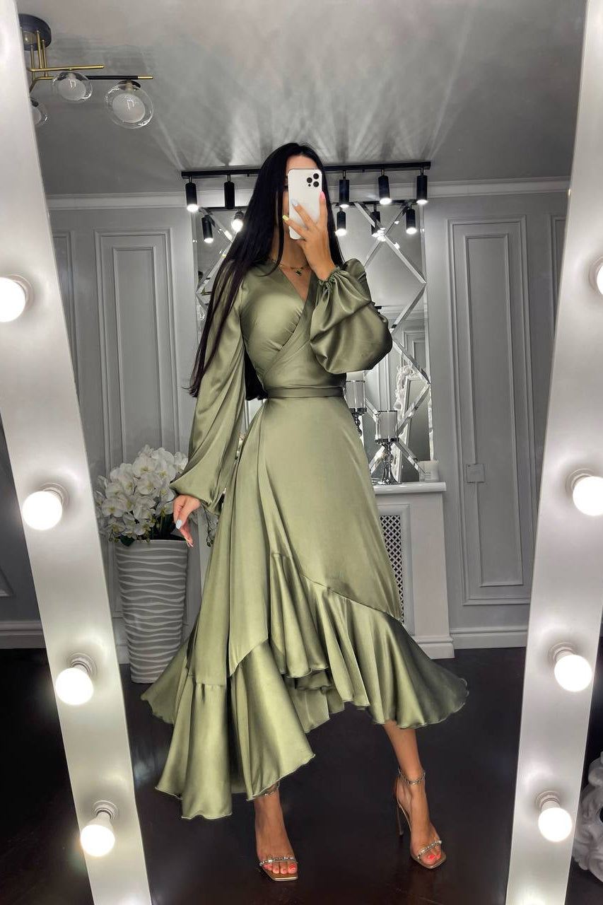 Fiamma Puff-Sleeve Wrap Asymmetric Midi Dress