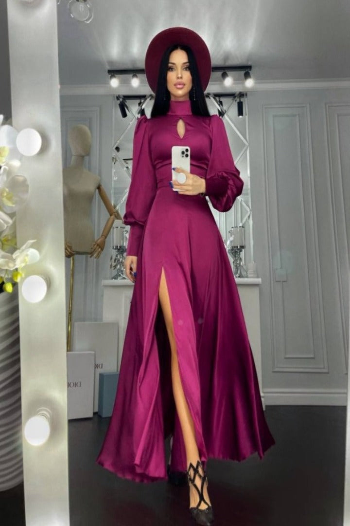 Isabella Bordeaux Puff-Sleeve Turtleneck Maxi Dress