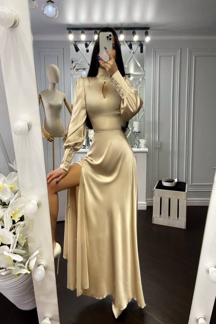 Chiara Beige Puff-Sleeve Turtleneck Maxi Dress