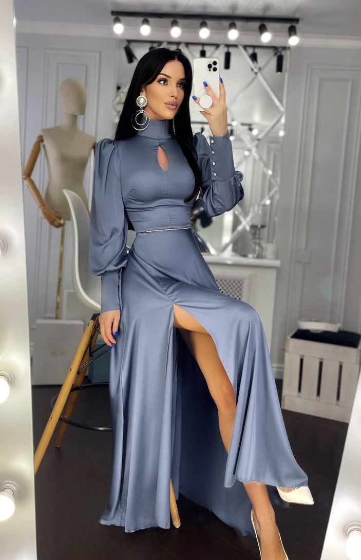 Rossana Graphite Puff-Sleeve Turtleneck Maxi Dress