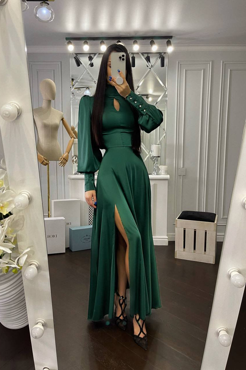 Chiara Emerald Puff-Sleeve Turtleneck Maxi Dress