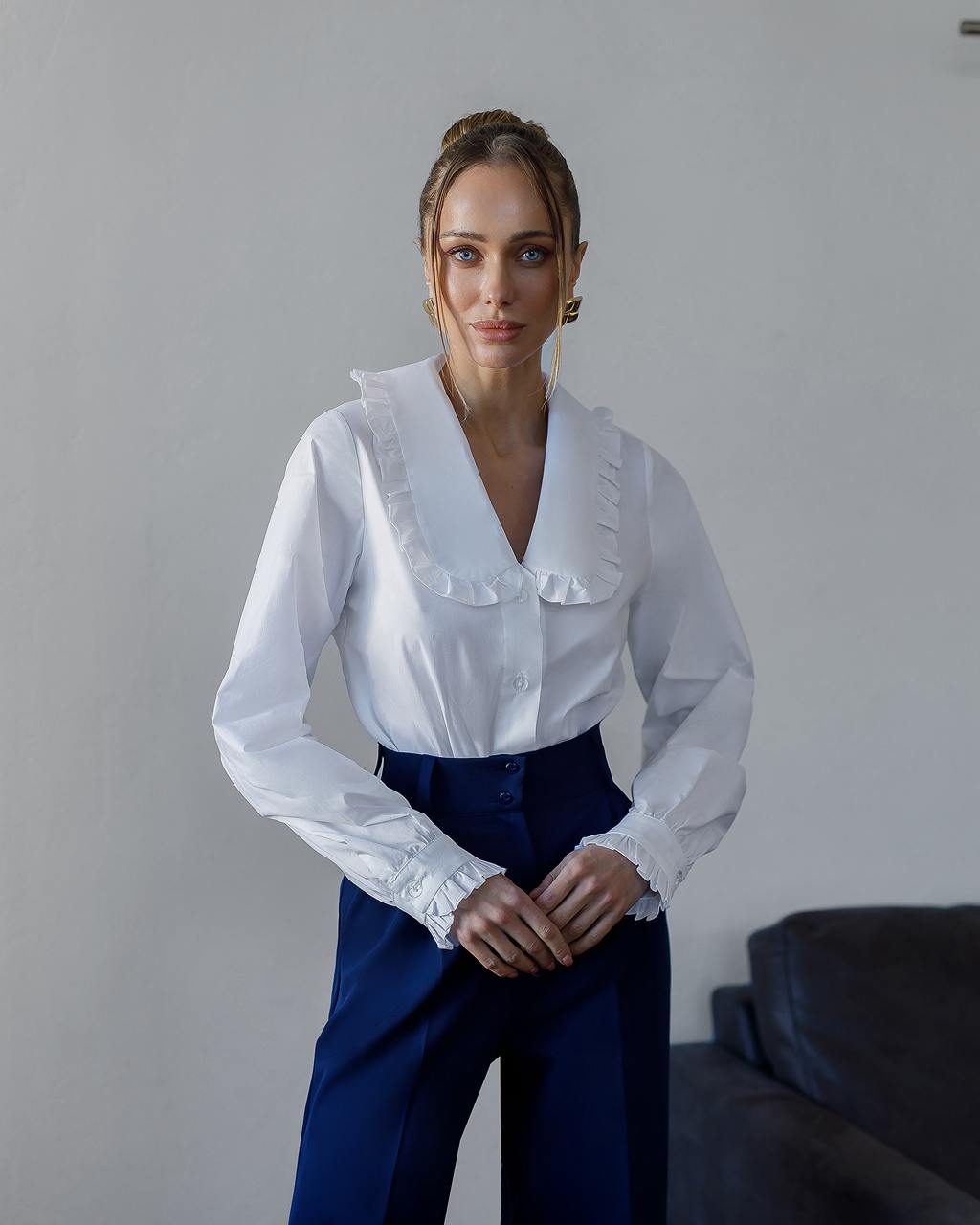Camilla White Ruffled Collar Button-Up Cotton Blouse