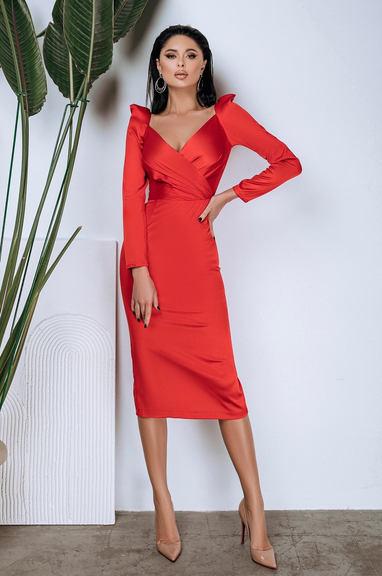 Adriana Red Long Sleeve V-Neck Midi Dress